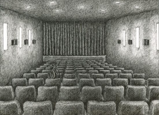 A furiously playing dark dog alone in an empty dark cinema
